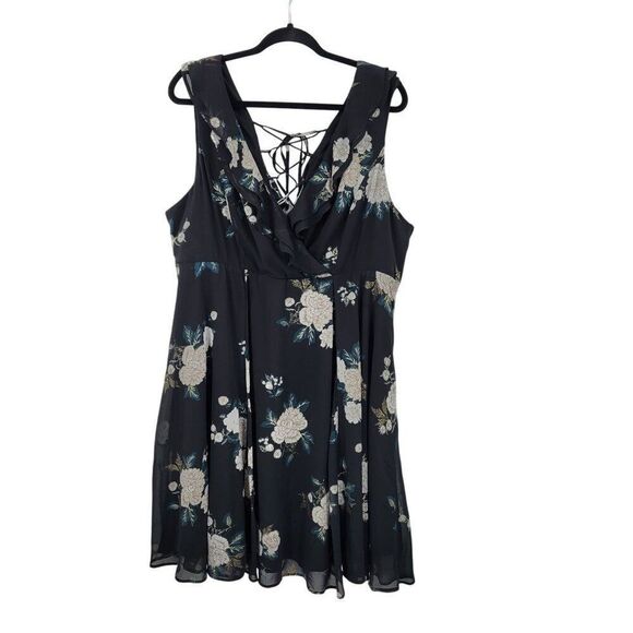 Torrid Baby Doll Skater Mini Dress Plus Sz 18 Black Floral Chiffon Lace-Up Back - Picture 11 of 12